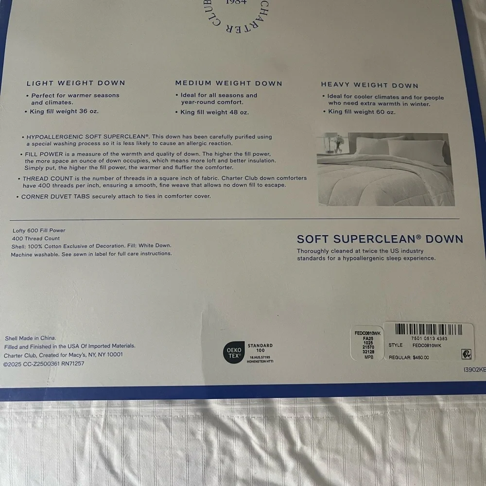 - - White down lightweight comforter, charter club king